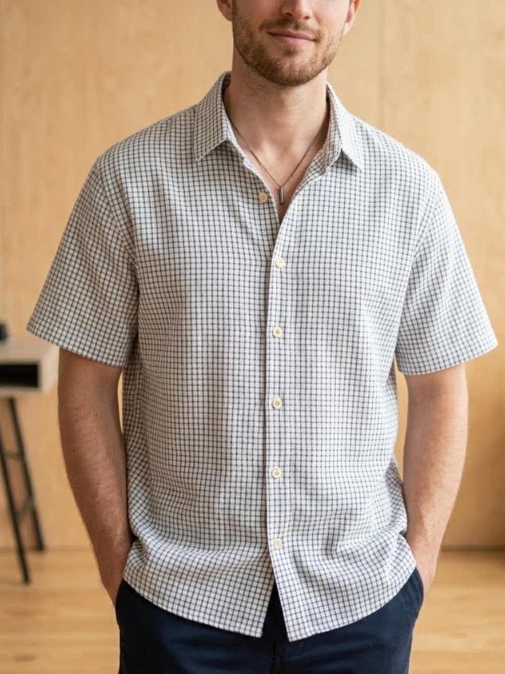 The Normal Brand Short-Sleeve Button-Down Cotton Shirt in White and Blue Grid
